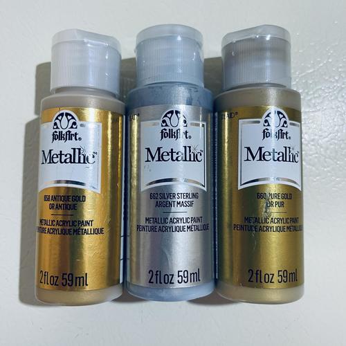 BUNDLE - 3 FolkArt Acrylic Metallic Gold & Silver Paint w/ 20 Bosobo Brushes