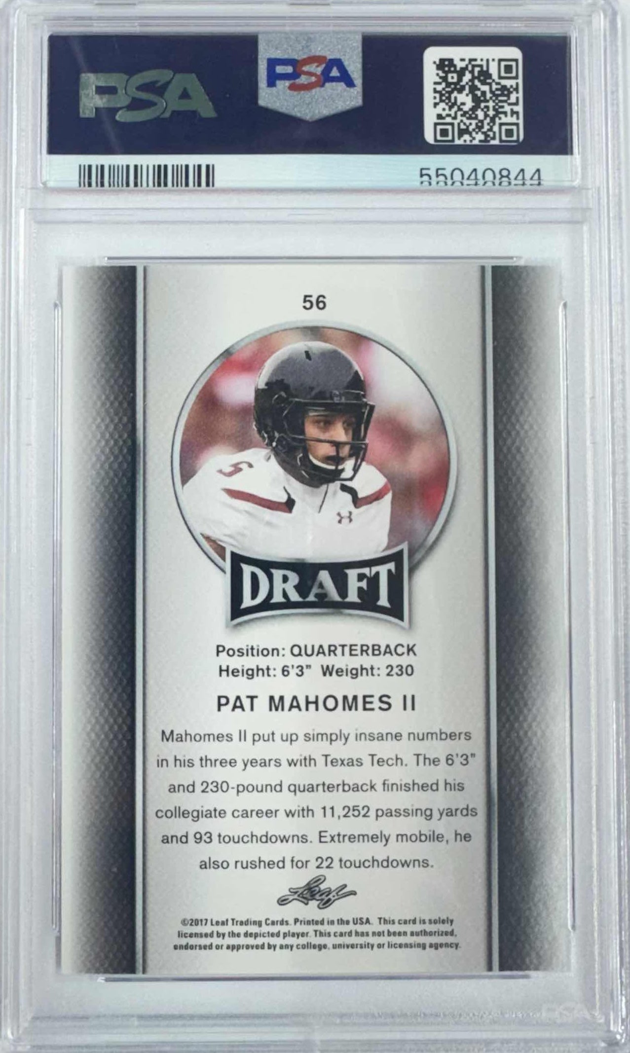 Graded 2017 Leaf Draft Patrick Mahomes II #56 Rookie RC Football Card PSA 10 Gem Mint
