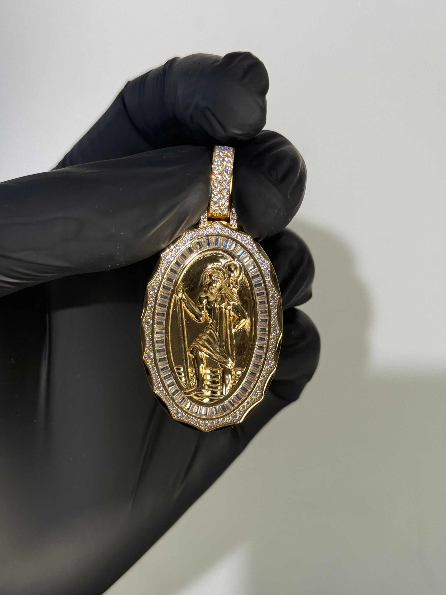Solid 925 Sterling Silver St Christopher Medallion Pendant Baguette CZ 14K Gold Plated