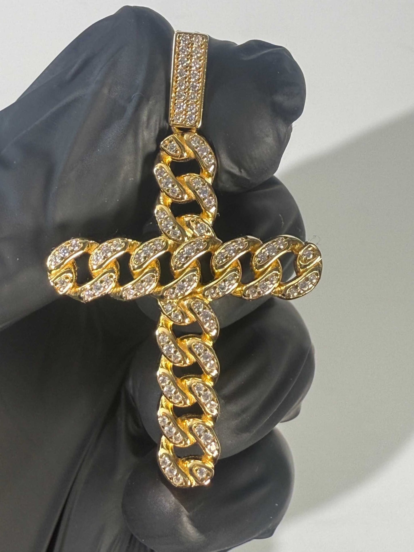 925 Sterling Silver / 14K Gold Plated Cuban Link Cross Pendant Necklace