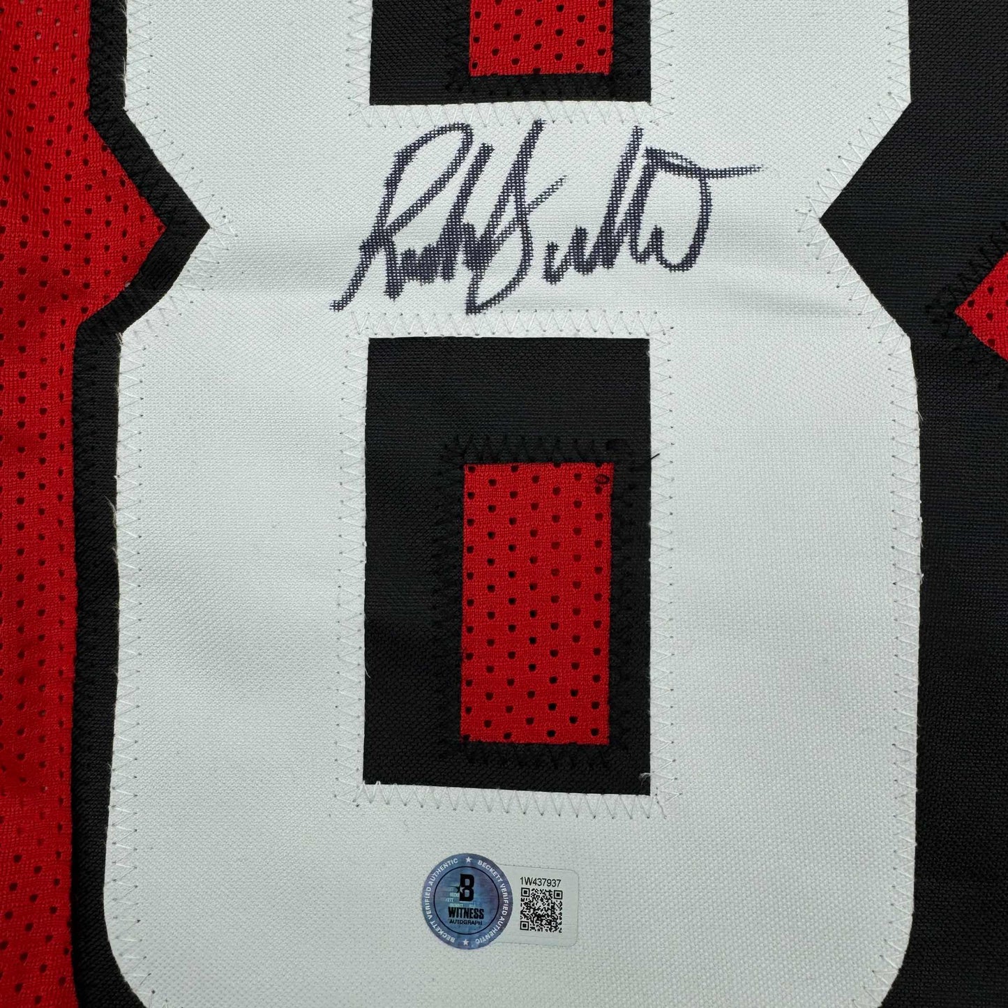 Framed Autographed/Signed Roddy White 35x39 Atlanta Red Football Jersey Beckett BAS COA