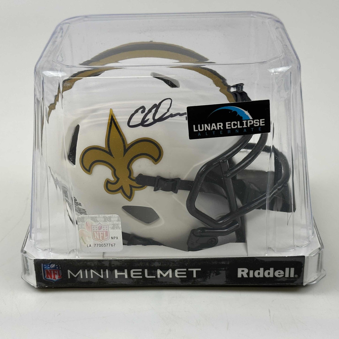 Autographed/Signed Chris Olave New Orleans Saints Lunar Eclipse Mini Football Helmet Beckett BAS COA