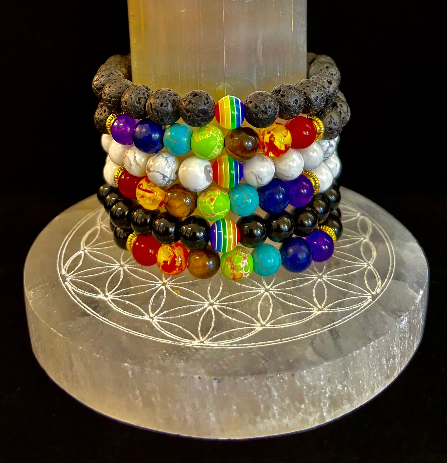 ๐ Faux Stone Chakra Bracelets with LGBTQ Pride Bead โ White, Black, or Lava Rock