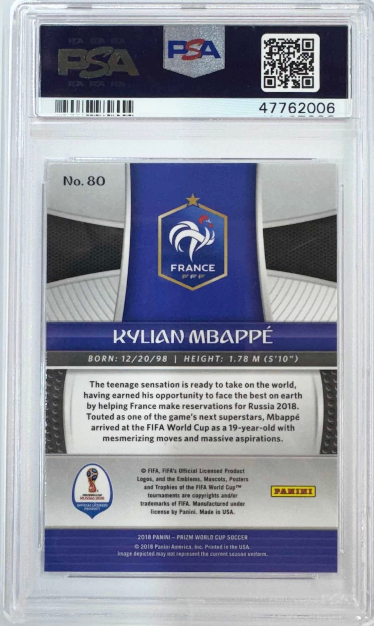 Graded 2018 Panini Prizm World Cup Kylian Mbappe #80 Soccer Card PSA 10 Gem Mint