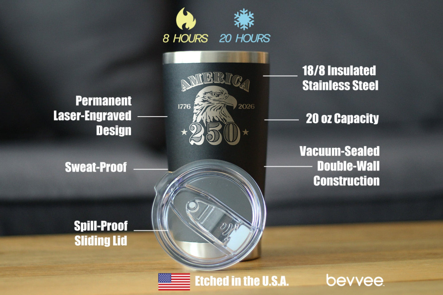 America 250th Anniversary Insulated Coffee Tumbler with Sliding Lid America 250 Merchandise Etched in USA 20oz Stainless Steel Tumbler
