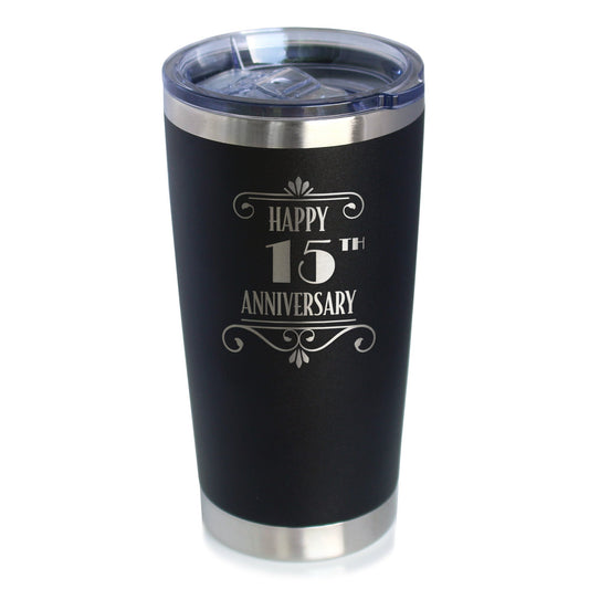 Happy 15th Anniversary Gifts Insulated Coffee Tumbler with Sliding Lid 15 Year Anniversary Art Deco Party Decor 20oz Stainless Steel Tumbler