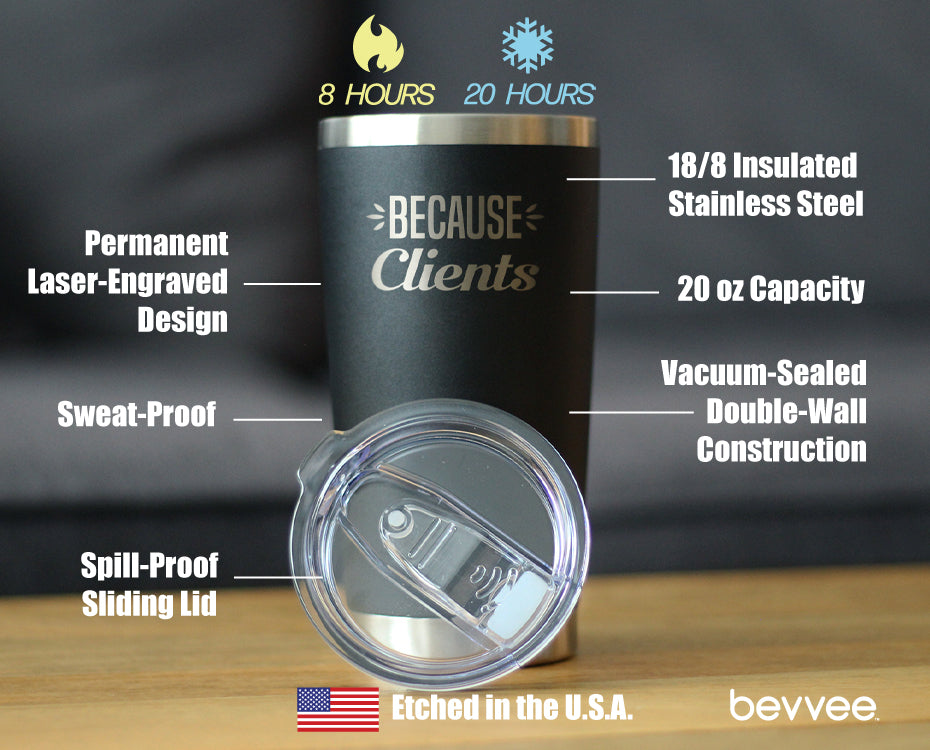 Because Clients - Insulated Coffee Tumbler Cup with Sliding Lid - Stainless Steel Travel Mug - Unique Professional Gifts for Coworkers
