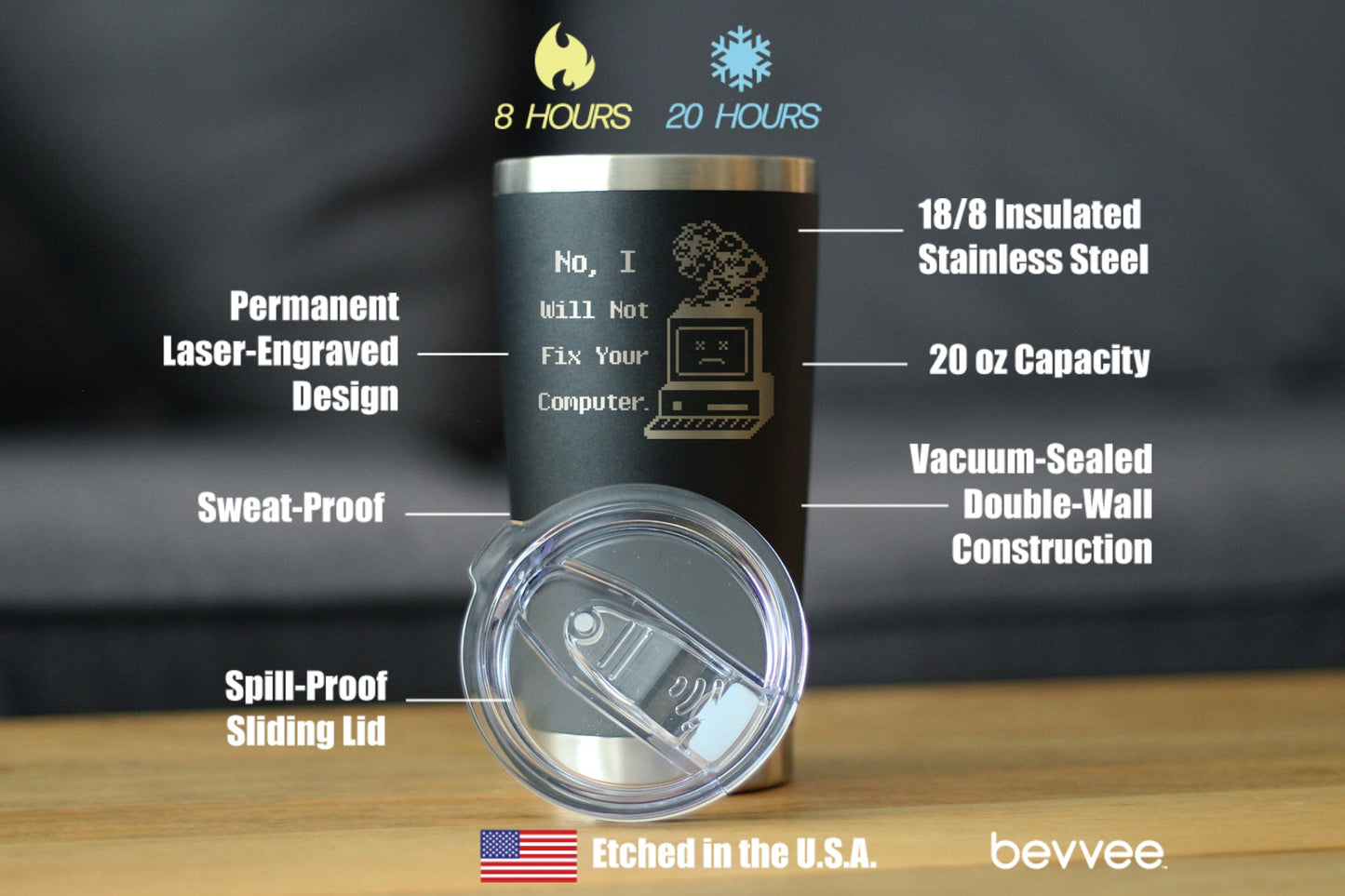 No I Will Not Fix Your Computer Insulated Coffee Tumbler with Sliding Lid Funny Tech Gifts 20oz Stainless Steel Tumbler