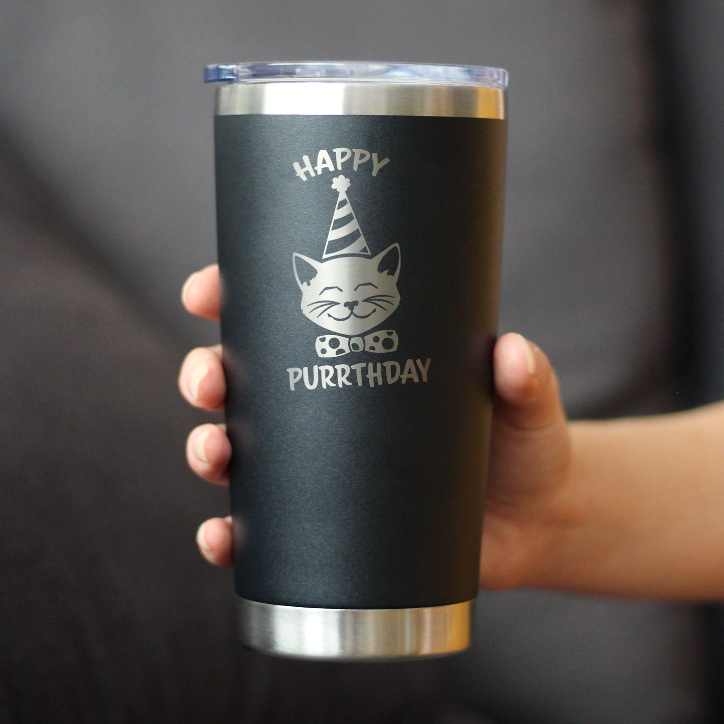 Happy Purrthday - Insulated Coffee Tumbler Cup with Sliding Lid - Stainless Steel Travel Mug - Unique Cat Birthday Gifts for Women and Men