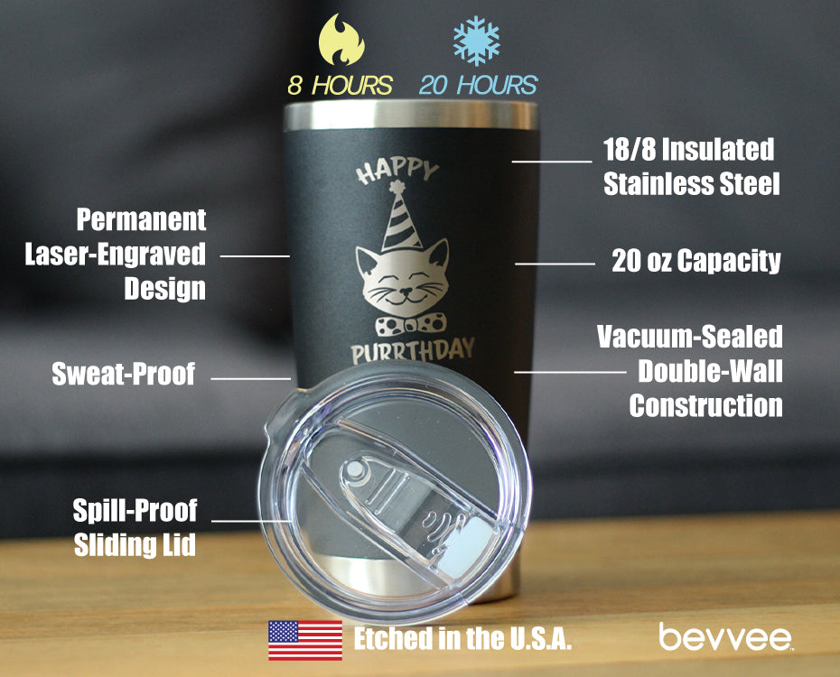 Happy Purrthday - Insulated Coffee Tumbler Cup with Sliding Lid - Stainless Steel Travel Mug - Unique Cat Birthday Gifts for Women and Men