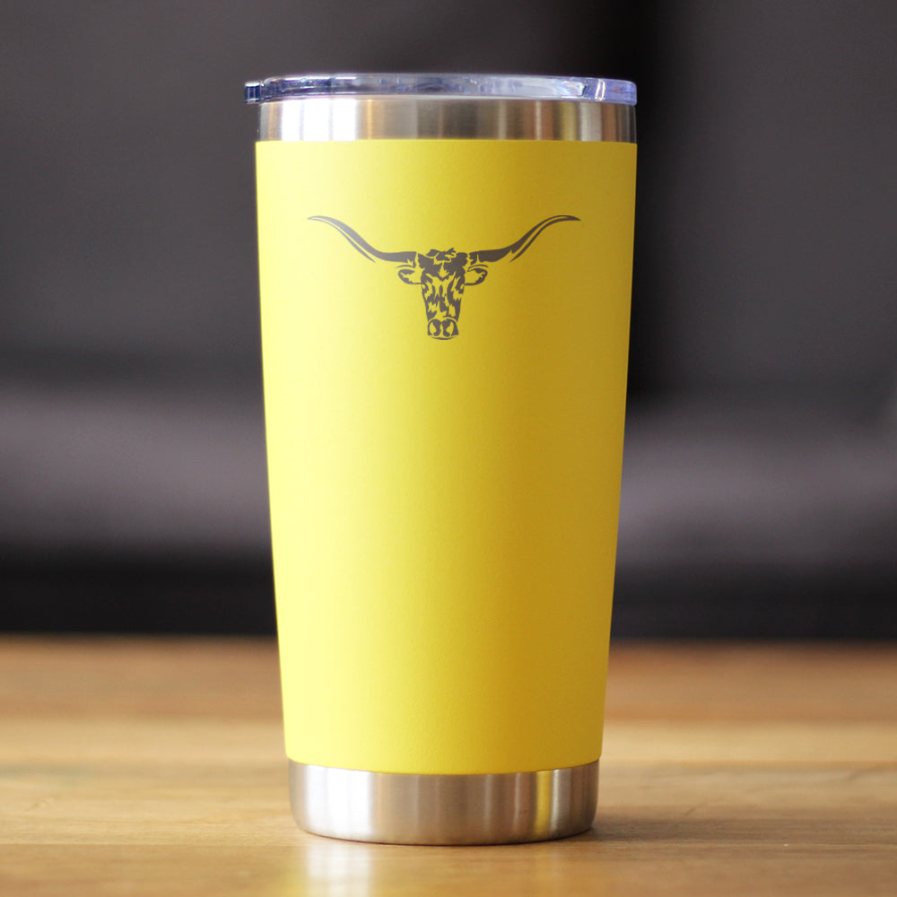 Longhorn - Insulated Coffee Tumbler Cup with Sliding Lid - Stainless Steel Insulated Mug - Western Themed Farm Decor and Gifts for Texan Ranchers