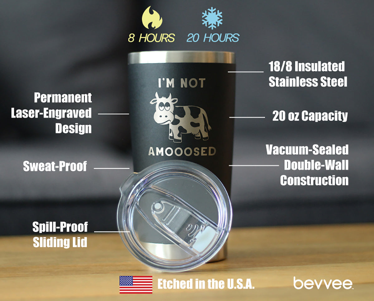 Not Amooosed - Insulated Coffee Tumbler Cup with Sliding Lid - Stainless Steel Insulated Mug - Funny Cow Themed Decor and Gifts