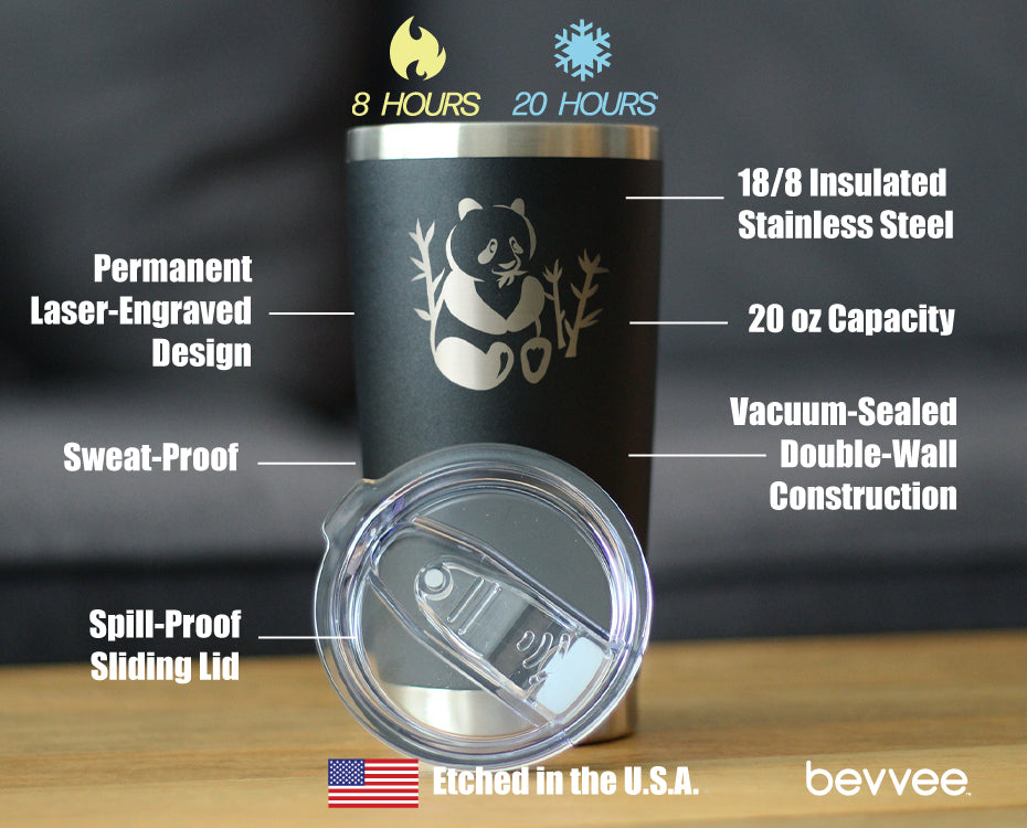 Panda - Insulated Coffee Tumbler Cup with Sliding Lid - Stainless Steel Travel Mug - Unique Panda Bear Gifts for Women and Men