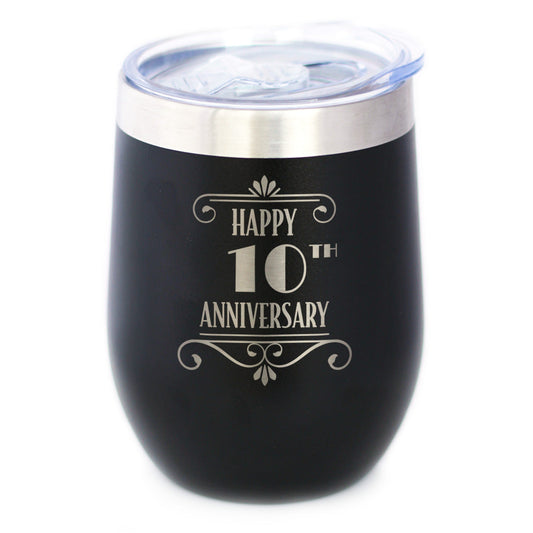 Happy 10th Anniversary Gifts Insulated Wine Tumbler with Sliding Lid 10 Year Anniversary Art Deco Party Decor 12oz Stainless Steel Tumbler