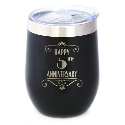 Happy 5th Anniversary Gifts Insulated Wine Tumbler with Sliding Lid 5 Year Anniversary Art Deco Party Decor 12oz Stainless Steel Tumbler