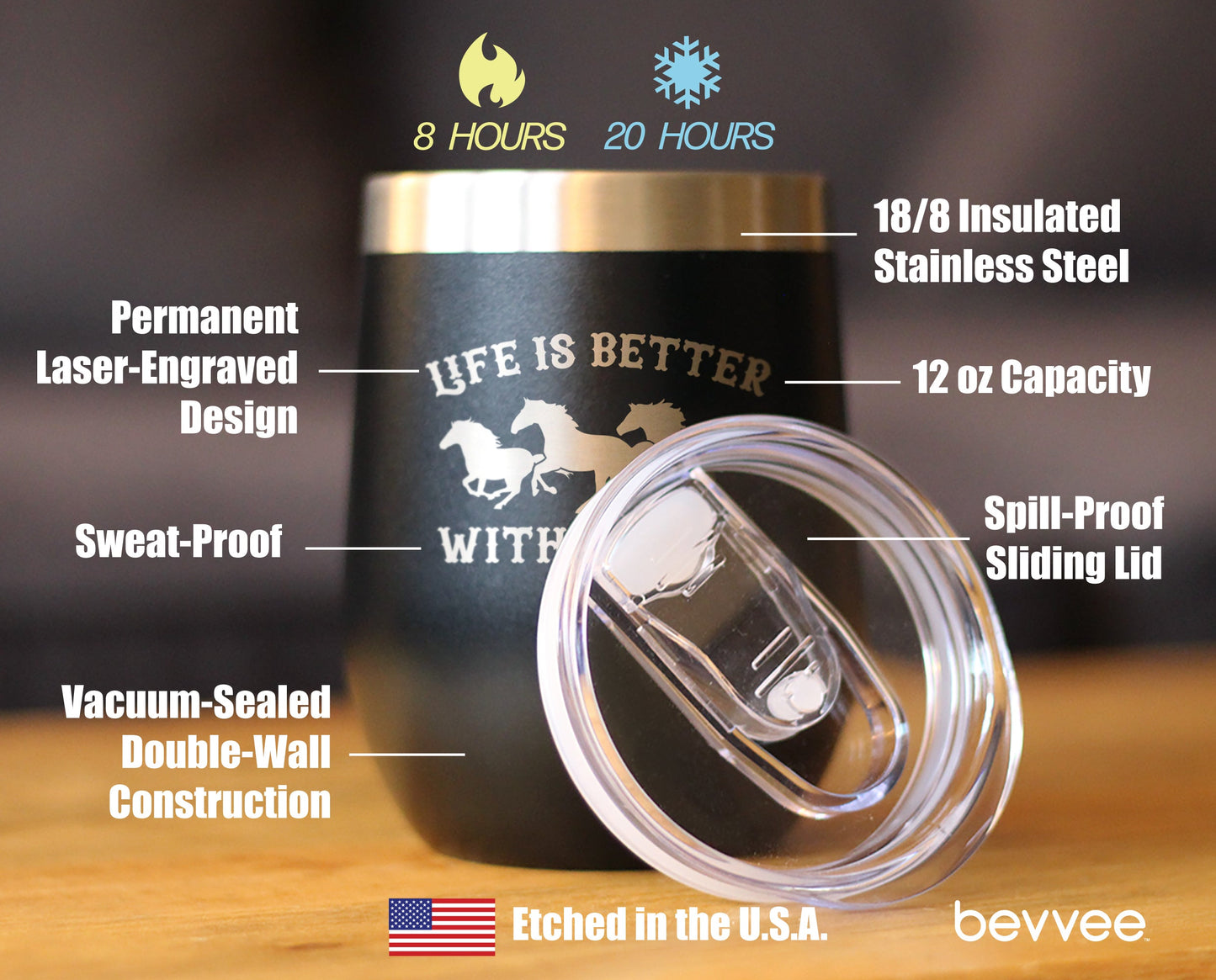 Life is Better With Horses - Wine Tumbler Glass with Sliding Lid - Stainless Steel Travel Mug - Horse Gifts for Women and Men