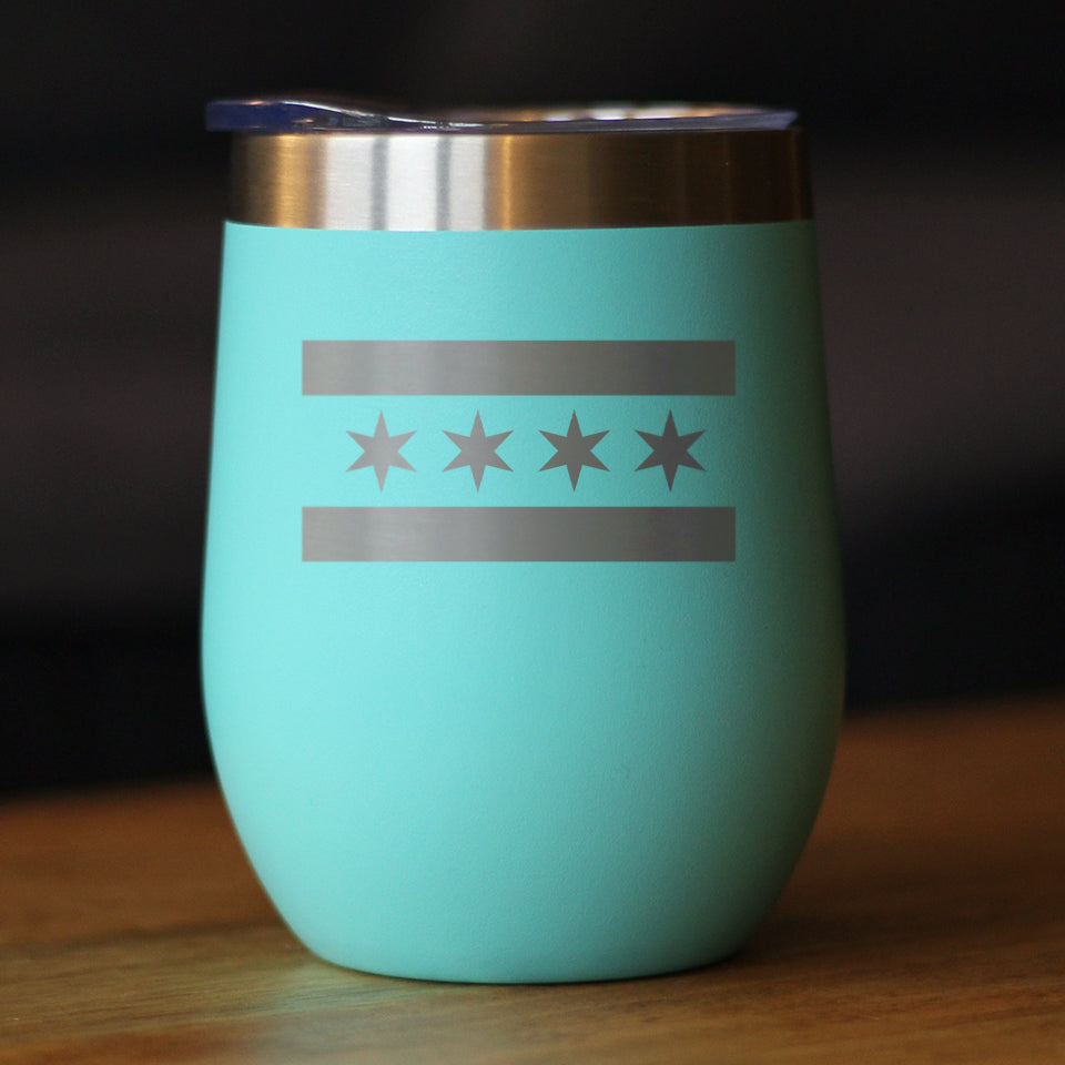 Chicago Flag - Wine Tumbler Glass with Sliding Lid - Stainless Steel Insulated Mug - Cute Windy City Themed Gift for Men and Women