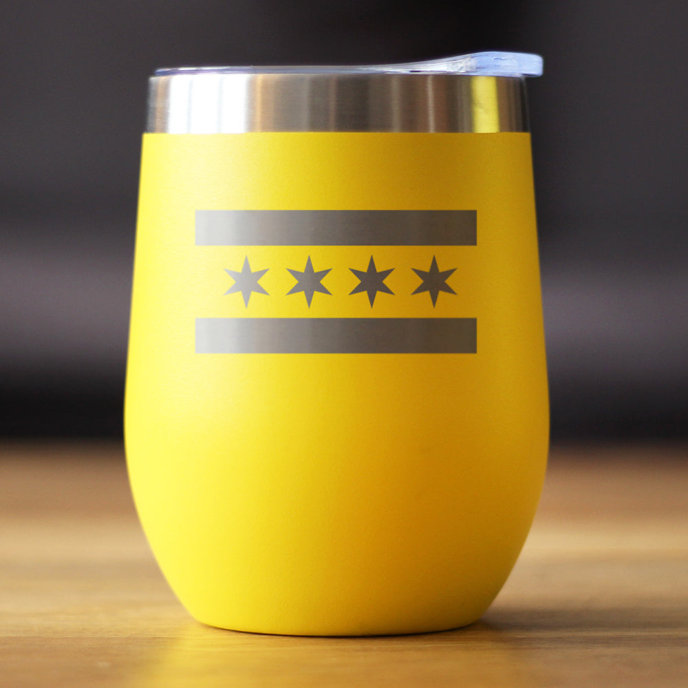Chicago Flag - Wine Tumbler Glass with Sliding Lid - Stainless Steel Insulated Mug - Cute Windy City Themed Gift for Men and Women