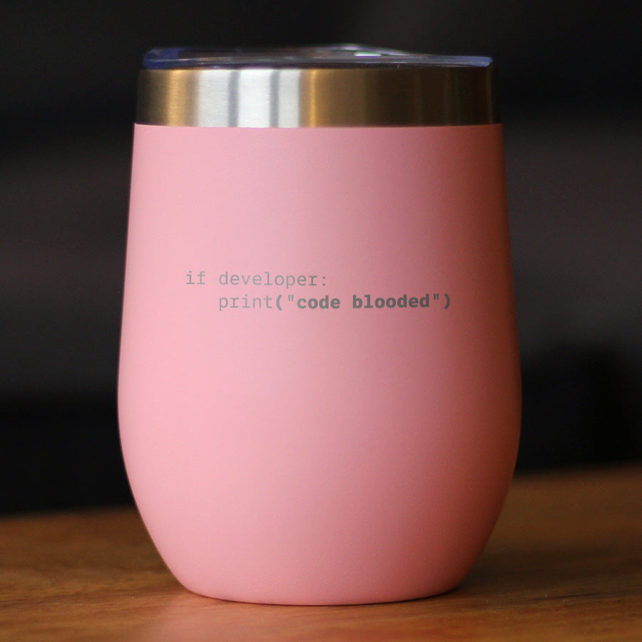 Code Blooded Insulated Wine Tumbler with Sliding Lid Funny Tech Gifts for Programmer, Coder & Computer Geeks 12oz Stainless Steel Tumbler