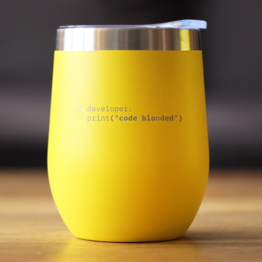 Code Blooded Insulated Wine Tumbler with Sliding Lid Funny Tech Gifts for Programmer, Coder & Computer Geeks 12oz Stainless Steel Tumbler