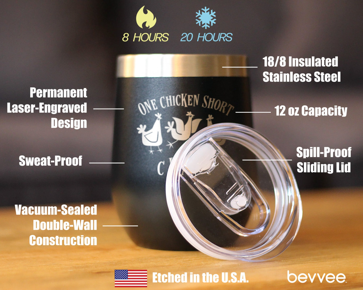 One Chicken Short of Crazy - Wine Tumbler Cup with Sliding Lid - Stainless Steel Insulated Mug - Funny Chicken Gifts