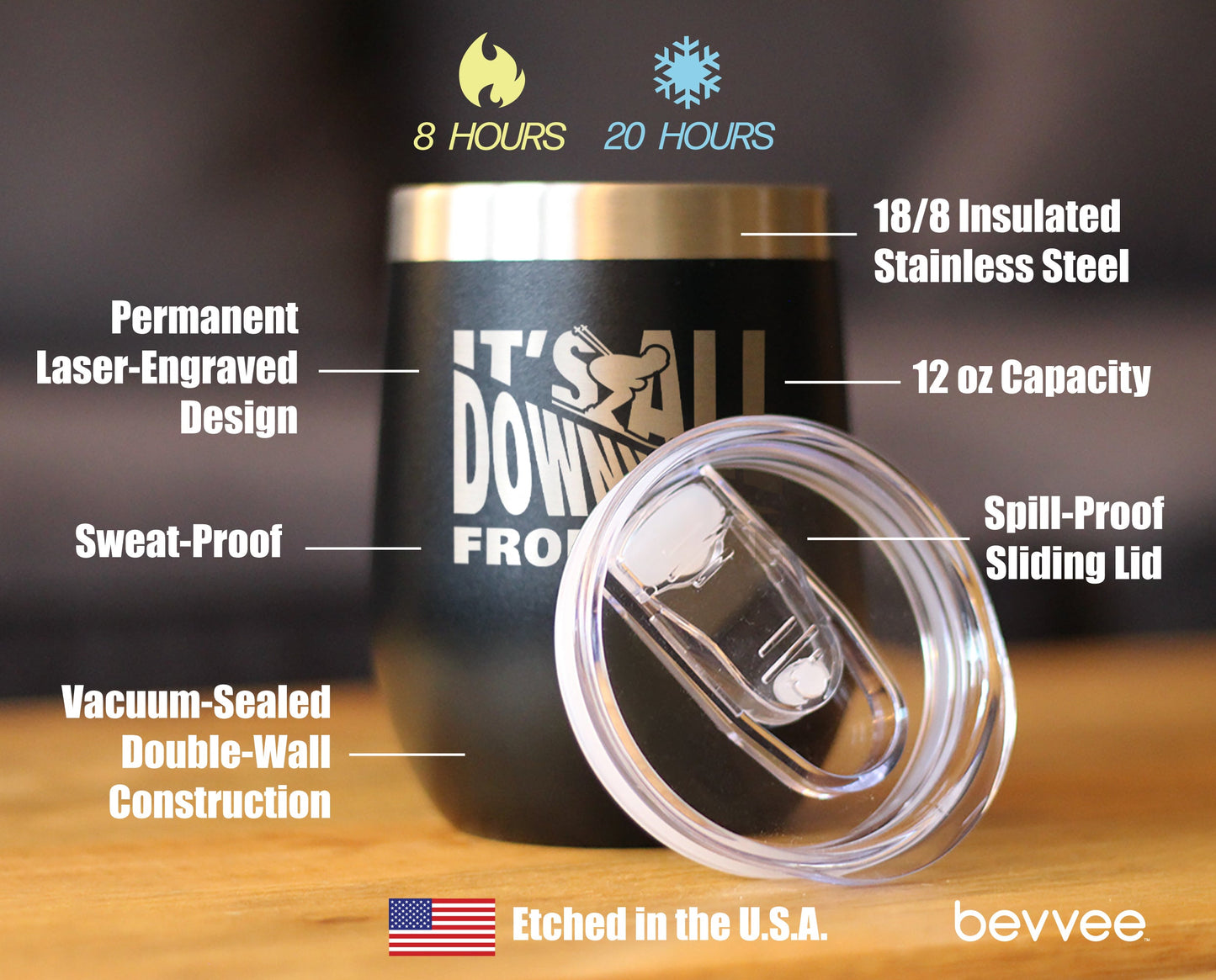Downhill From Here - Wine Tumbler Glass with Sliding Lid - Stainless Steel Travel Mug - Fun Skiing Gifts and Decor for Skiers