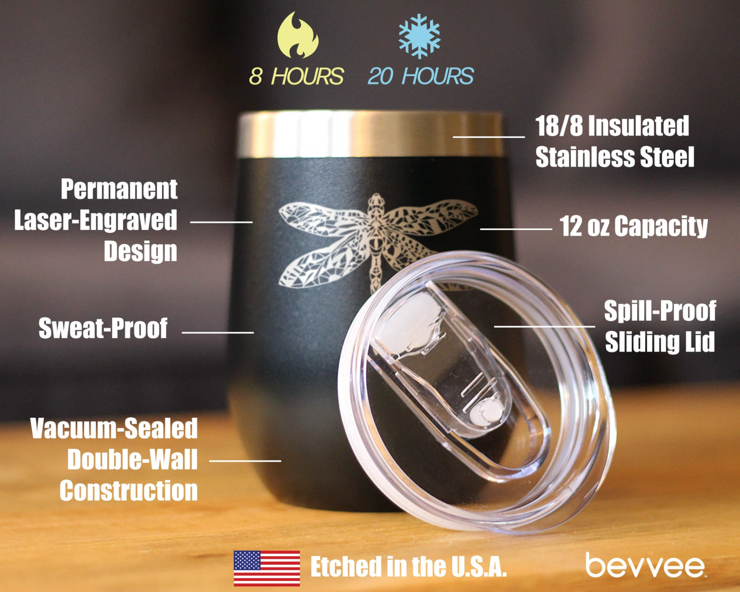 Dragonfly - Wine Tumbler Cup with Sliding Lid - Stainless Steel Insulated Mug - Unique Gifts for Women and Men Who Love Dragonflies