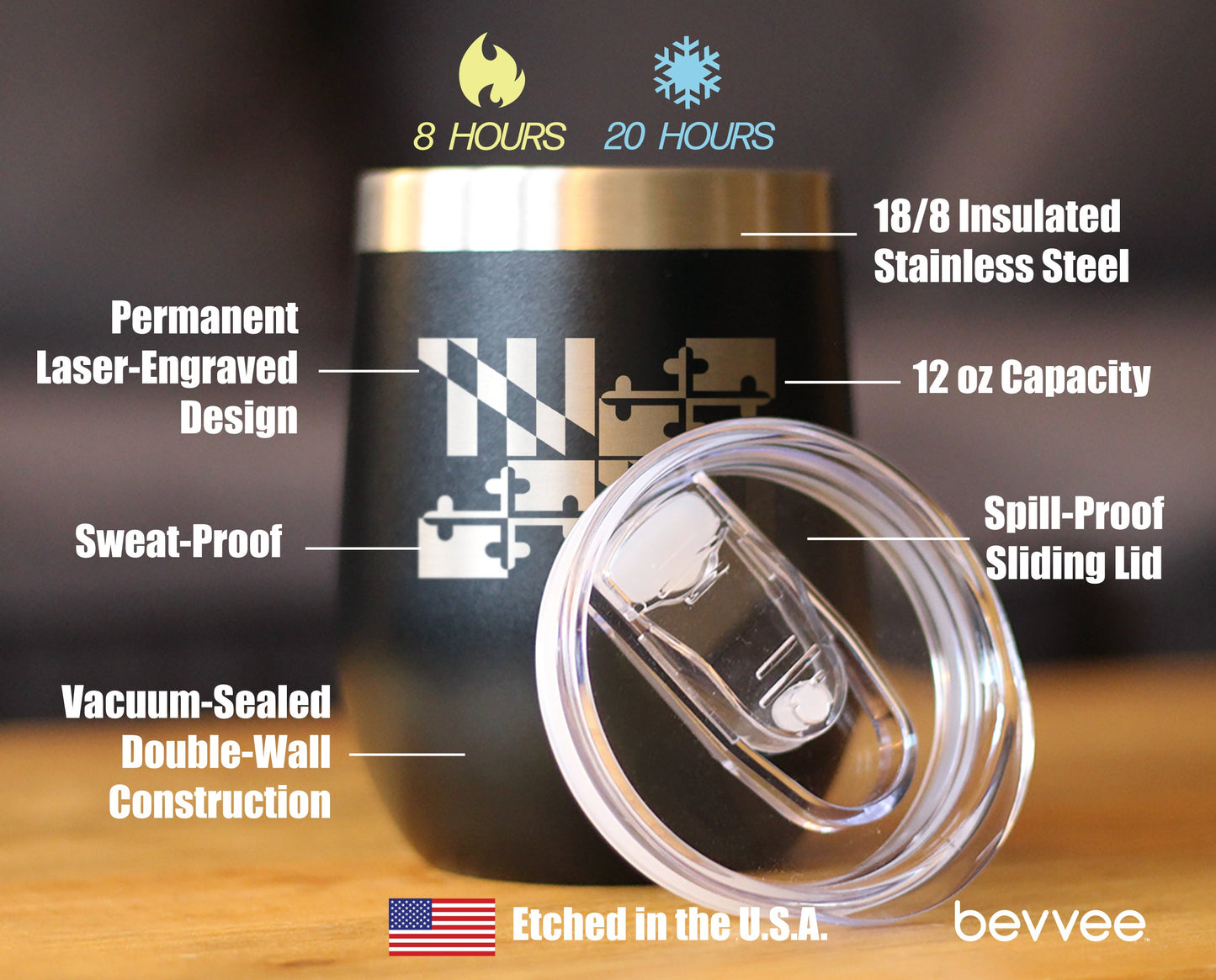 Flag of Maryland - Wine Tumbler Glass with Sliding Lid - Stainless Steel Travel Mug - Maryland Gifts for Women and Men Marylanders