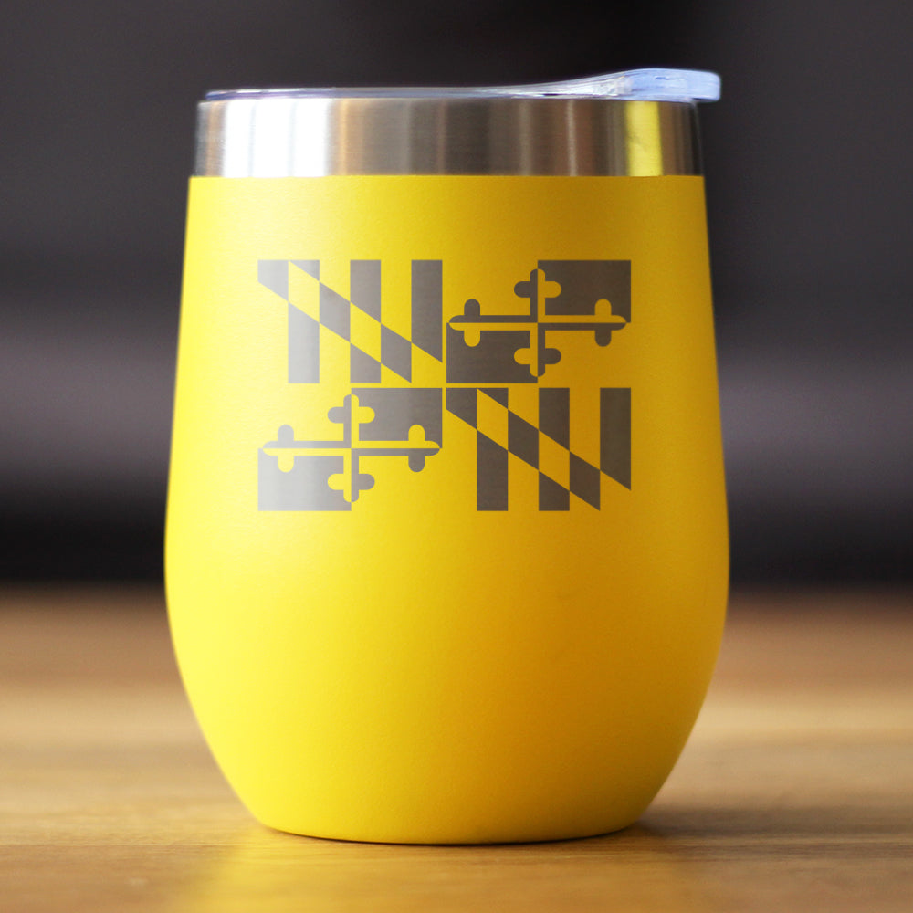 Flag of Maryland - Wine Tumbler Glass with Sliding Lid - Stainless Steel Travel Mug - Maryland Gifts for Women and Men Marylanders