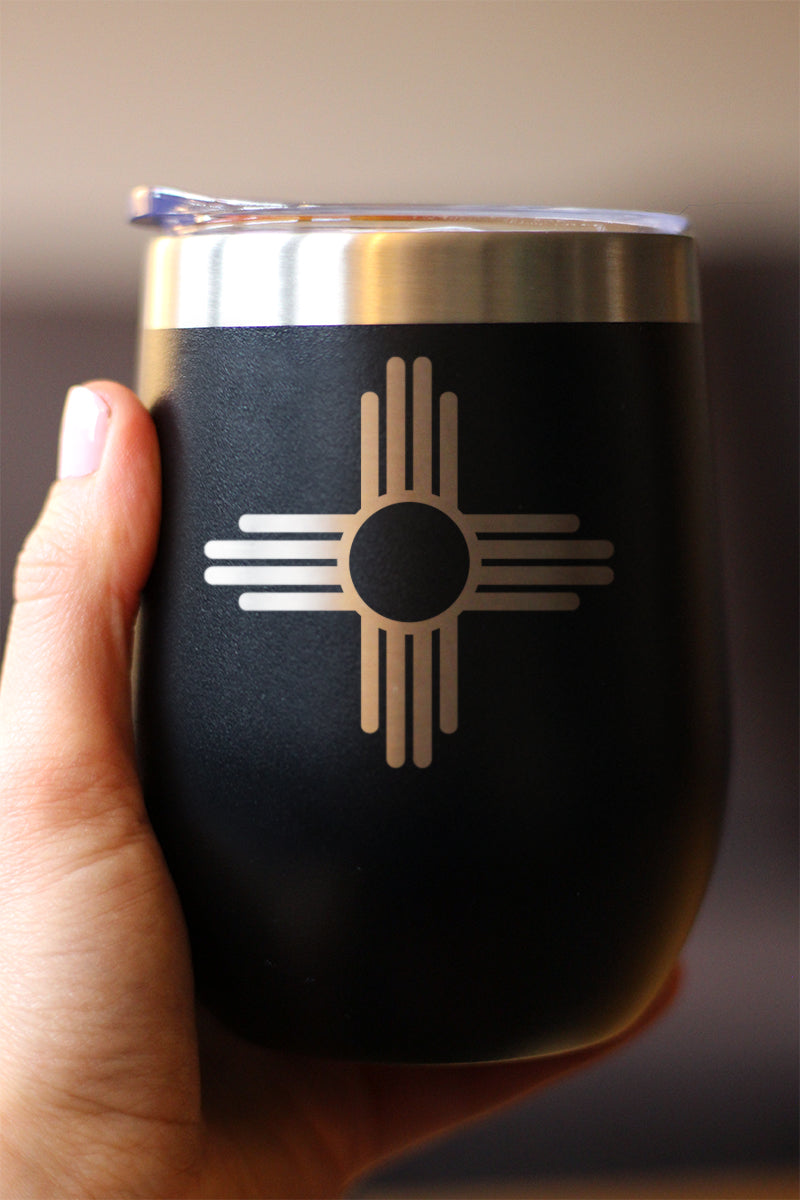 Flag of New Mexico - Wine Tumbler Glass with Sliding Lid - Stainless Steel Insulated Mug - New Mexico Themed Gifts for Women and Men