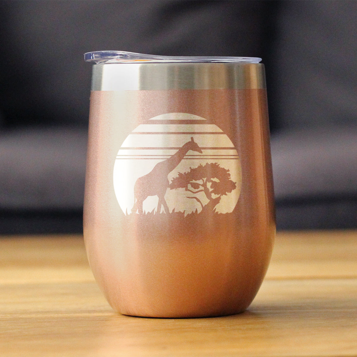 Giraffe Sunset - Wine Tumbler Glass with Sliding Lid - Stainless Steel Insulated Mug - Unique Safari Gifts for Women and Men
