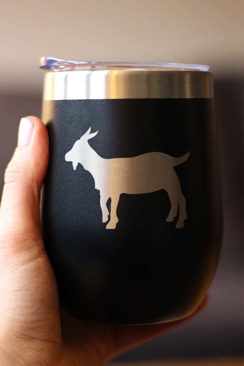 Goat Silhouette - Wine Tumbler Glass with Sliding Lid - Stainless Steel Insulated Mug - Goat Gifts for Women and Men