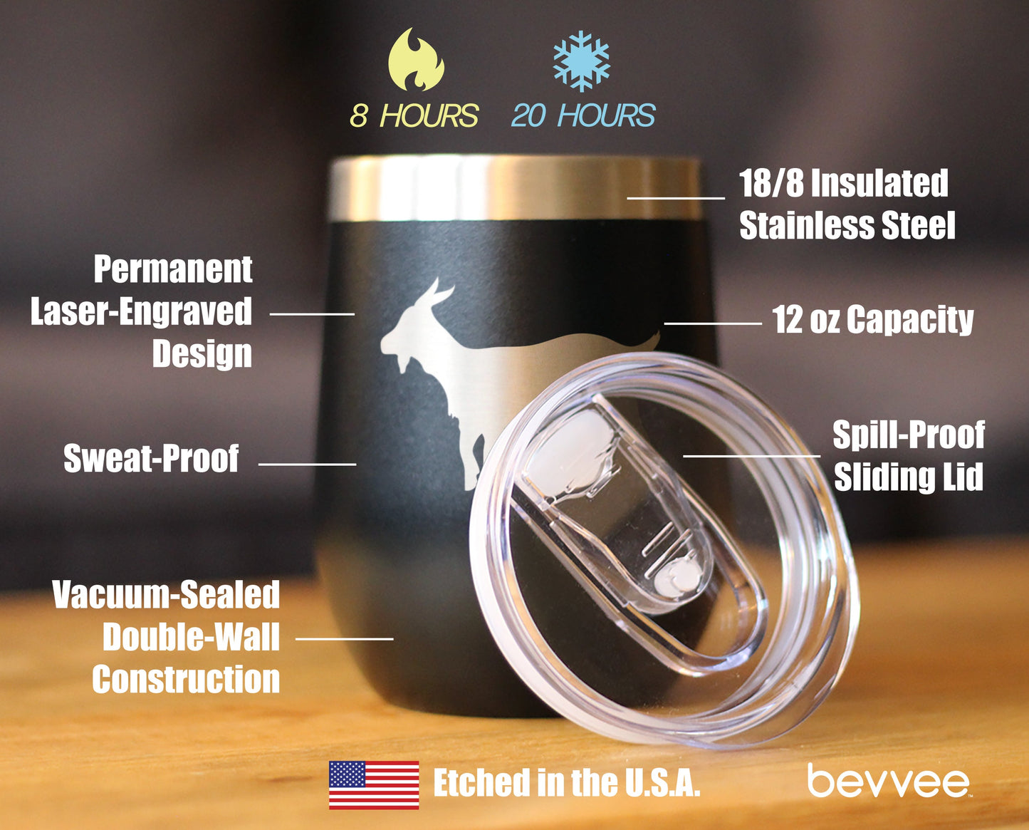 Goat Silhouette - Wine Tumbler Glass with Sliding Lid - Stainless Steel Insulated Mug - Goat Gifts for Women and Men