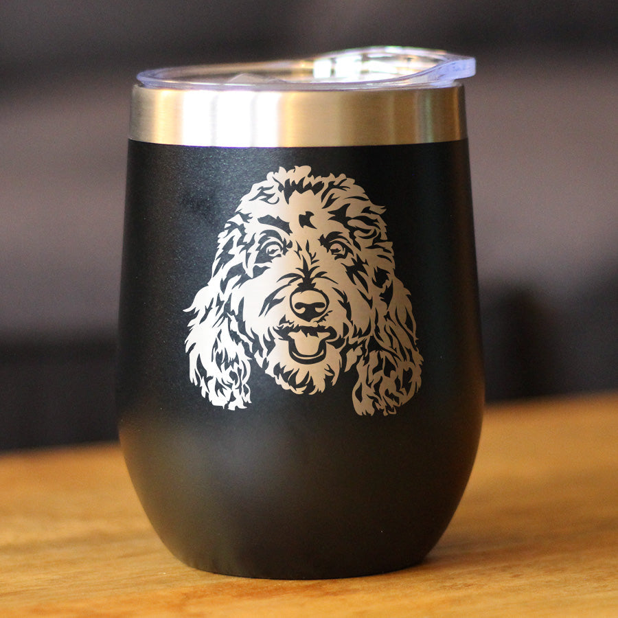 Golden Doodle Face - Wine Tumbler Cup with Sliding Lid - Stainless Steel Insulated Mug - Goldendoodle Gifts for Women & Men