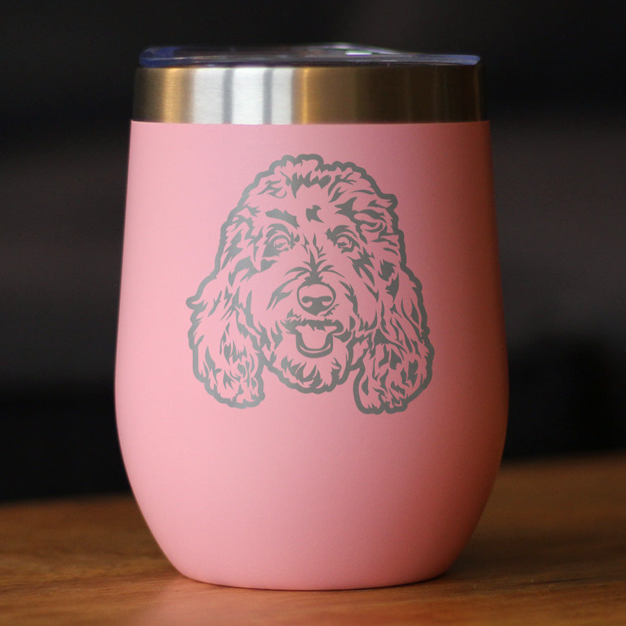 Golden Doodle Face - Wine Tumbler Cup with Sliding Lid - Stainless Steel Insulated Mug - Goldendoodle Gifts for Women & Men