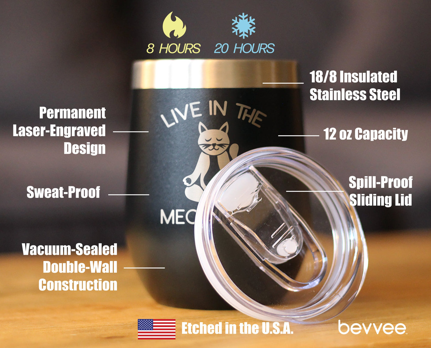 Live in the Meowment - Funny Cat Wine Tumbler Glass with Sliding Lid - Stainless Steel Insulated Mug - Unique Meditation Mindfulness Gift for Women and Men
