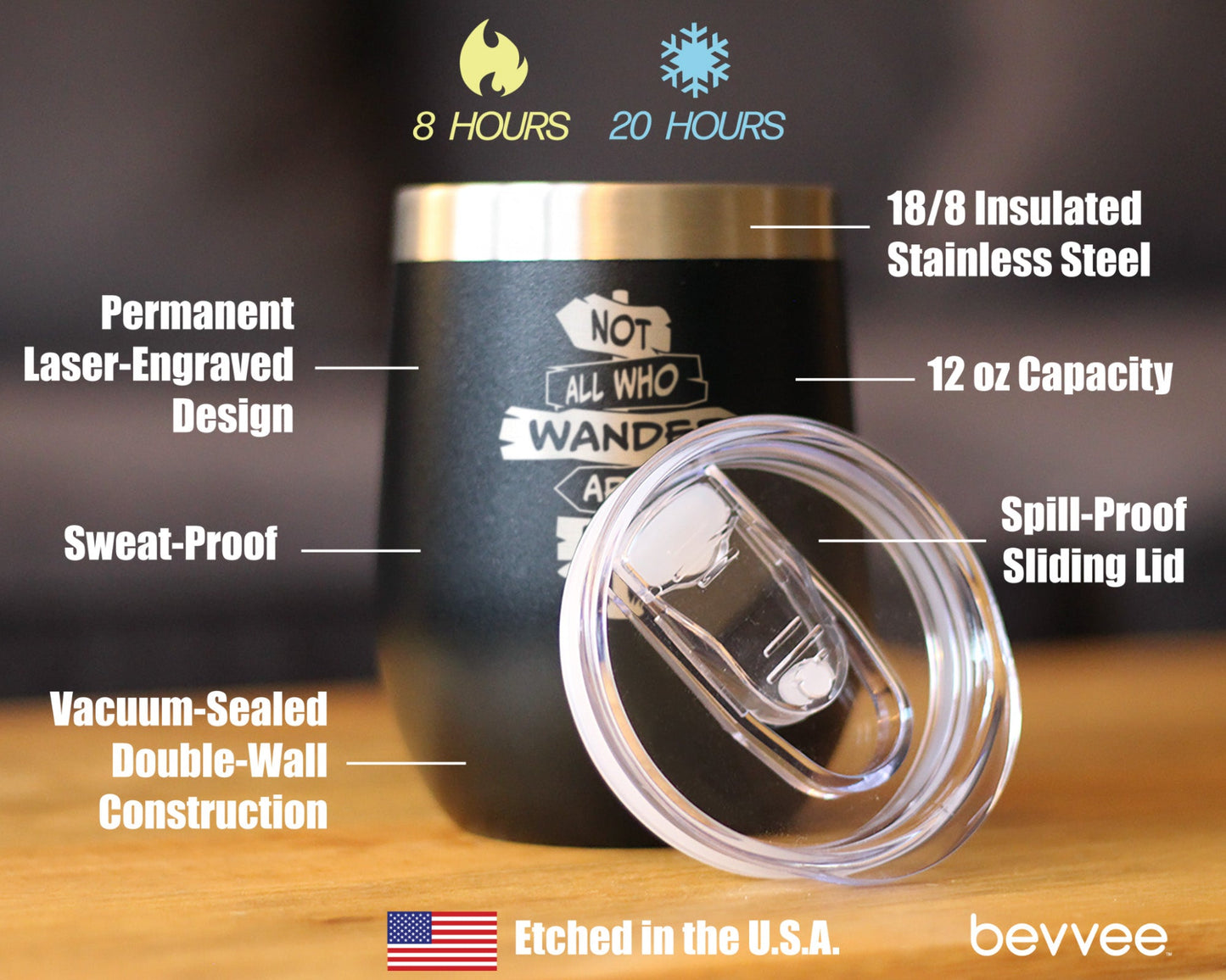 Not All Who Wander Are Lost - Wine Tumbler Glass with Sliding Lid - Stainless Steel Travel Mug - Outdoor Travel Gifts for Travelers, Campers & Hikers