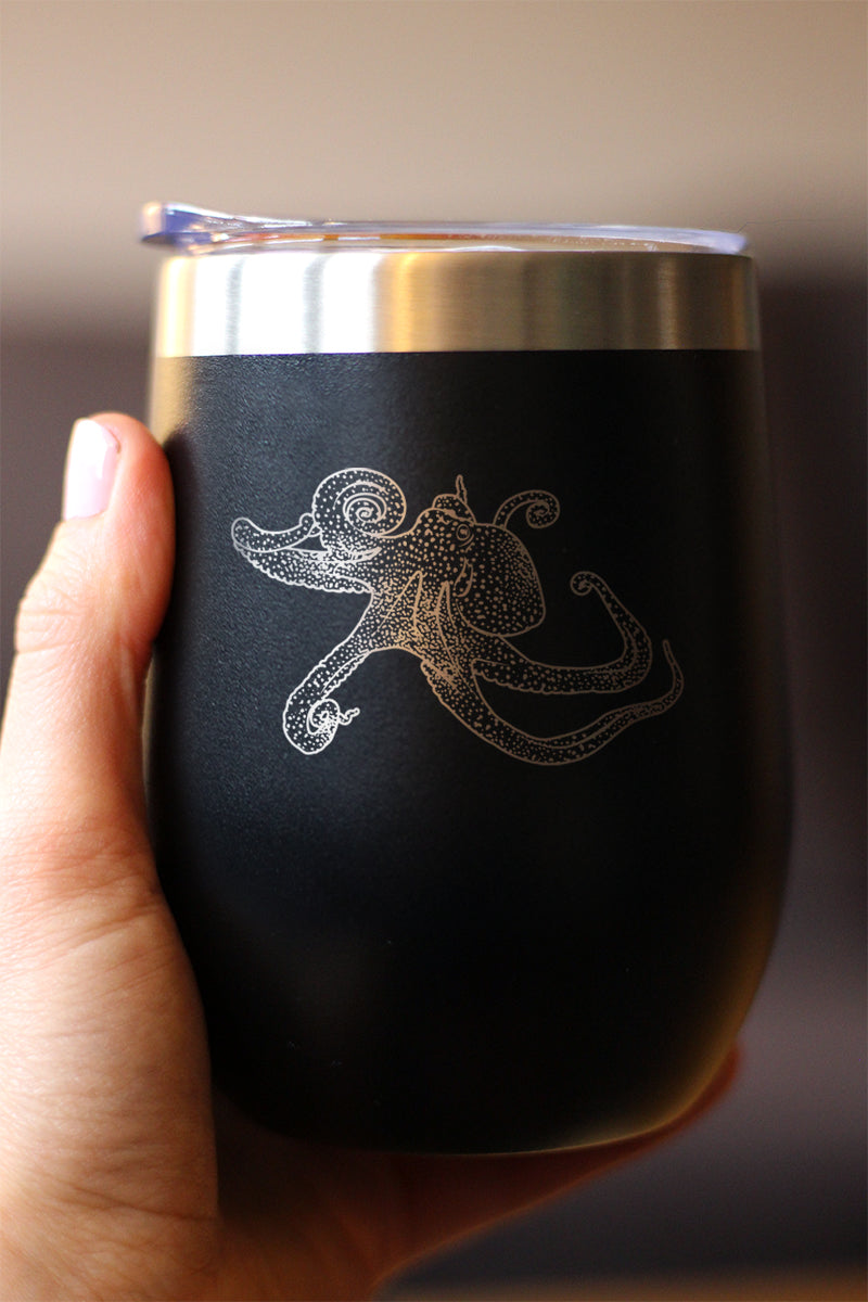 Octopus - Wine Tumbler Glass with Sliding Lid - Stainless Steel Travel Mug - Ocean Gifts and Decor for Women and Men