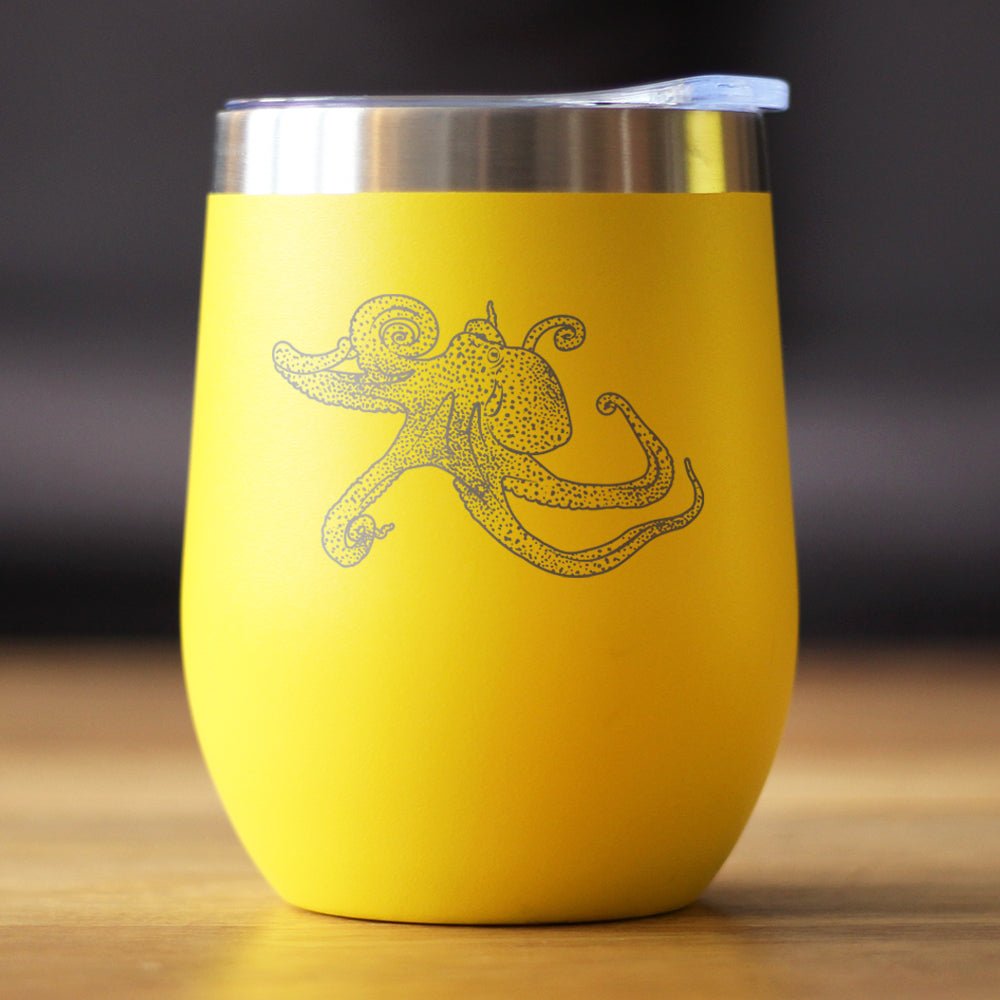 Octopus - Wine Tumbler Glass with Sliding Lid - Stainless Steel Travel Mug - Ocean Gifts and Decor for Women and Men