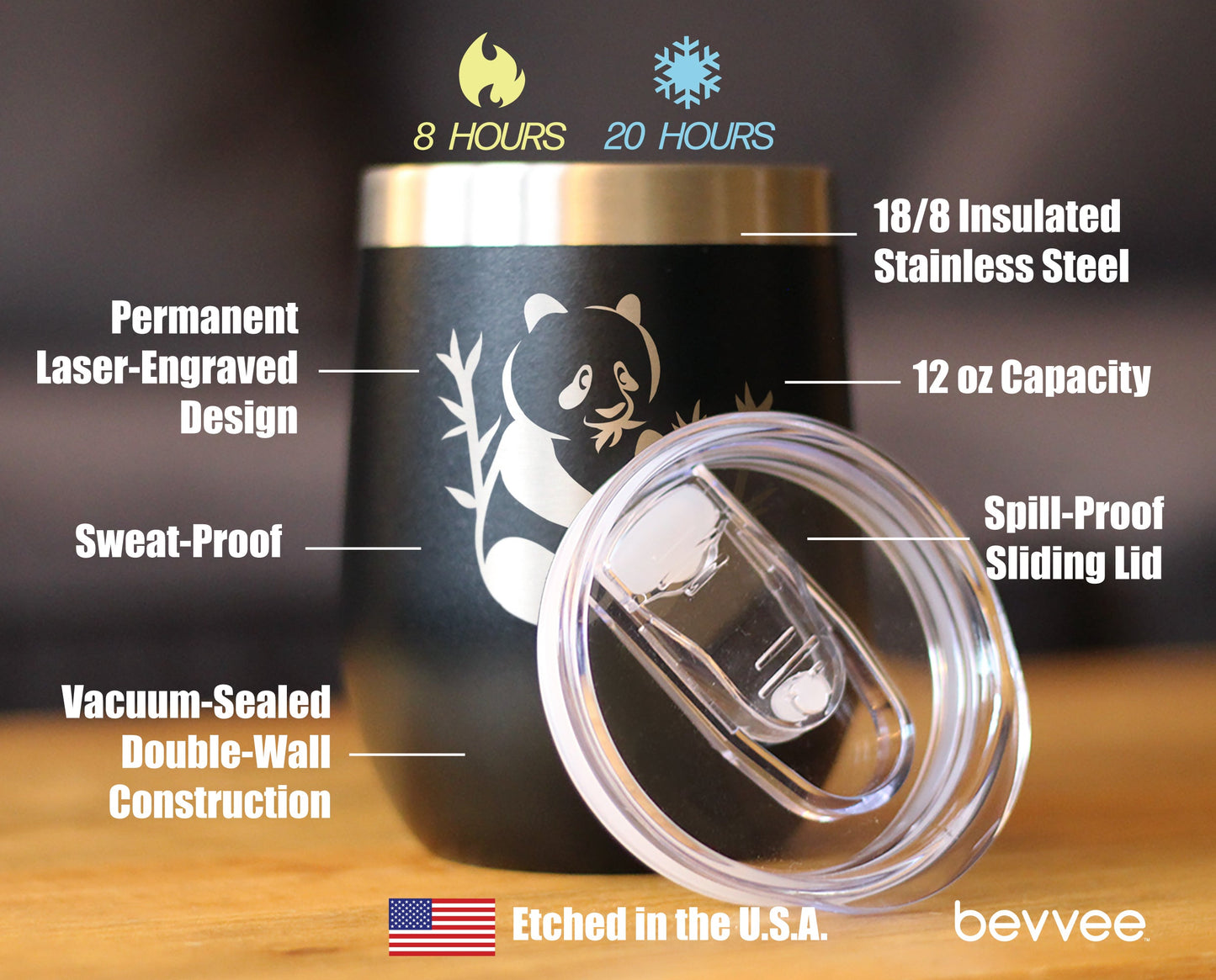 Panda - Wine Tumbler Glass with Sliding Lid - Stainless Steel Insulated Mug - Unique Panda Bear Gifts for Women and Men