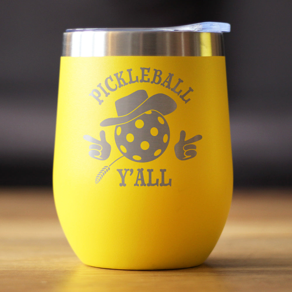 Funny Pickleball Gifts Insulated Wine Tumbler with Sliding Lid Pickleball Y'all 12oz Stainless Steel Tumbler