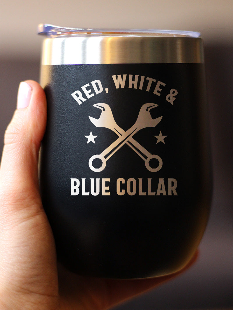 Red White & Blue Collar Insulated Wine Tumbler with Sliding Lid Gifts for Tradesmen, Manual Labor Workers 12oz Stainless Steel Tumbler