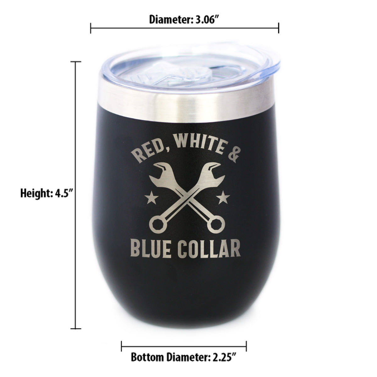 Red White & Blue Collar Insulated Wine Tumbler with Sliding Lid Gifts for Tradesmen, Manual Labor Workers 12oz Stainless Steel Tumbler