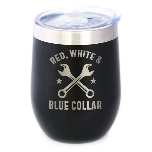 Red White & Blue Collar Insulated Wine Tumbler with Sliding Lid Gifts for Tradesmen, Manual Labor Workers 12oz Stainless Steel Tumbler