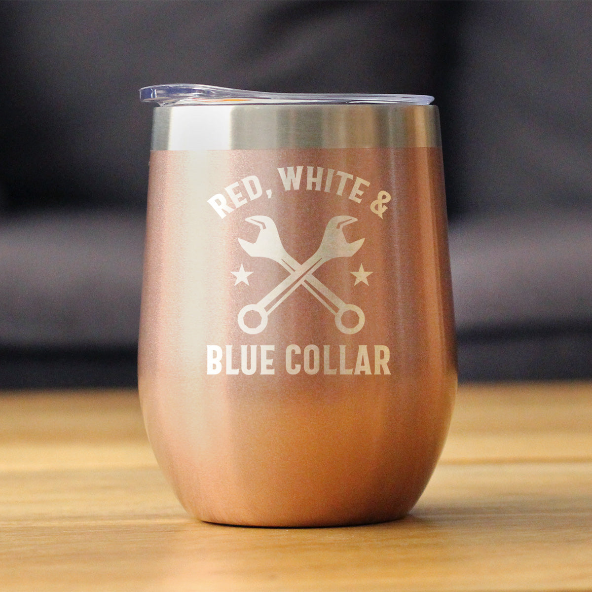 Red White & Blue Collar Insulated Wine Tumbler with Sliding Lid Gifts for Tradesmen, Manual Labor Workers 12oz Stainless Steel Tumbler