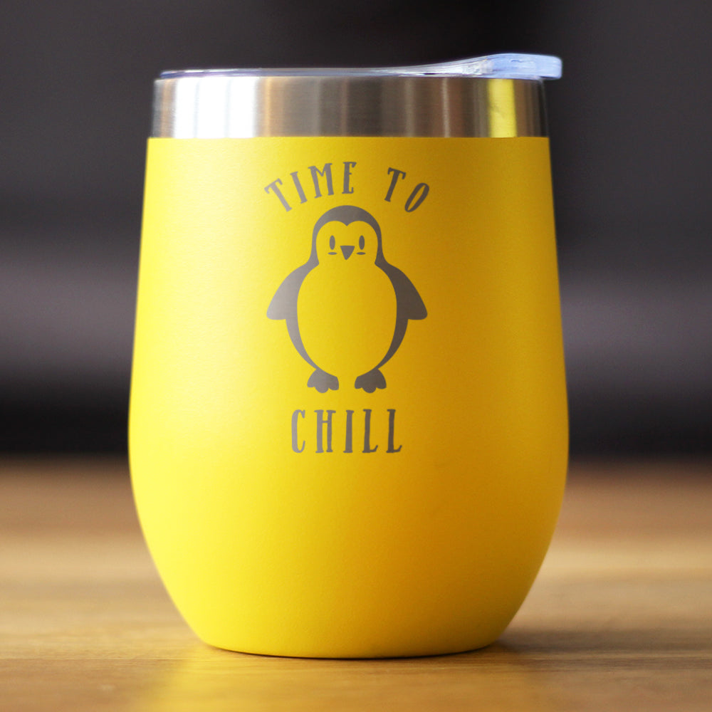 Time To Chill - Wine Tumbler Glass with Sliding Lid - Stainless Steel Travel Mug - Cute Penguin Gifts for Women and Men