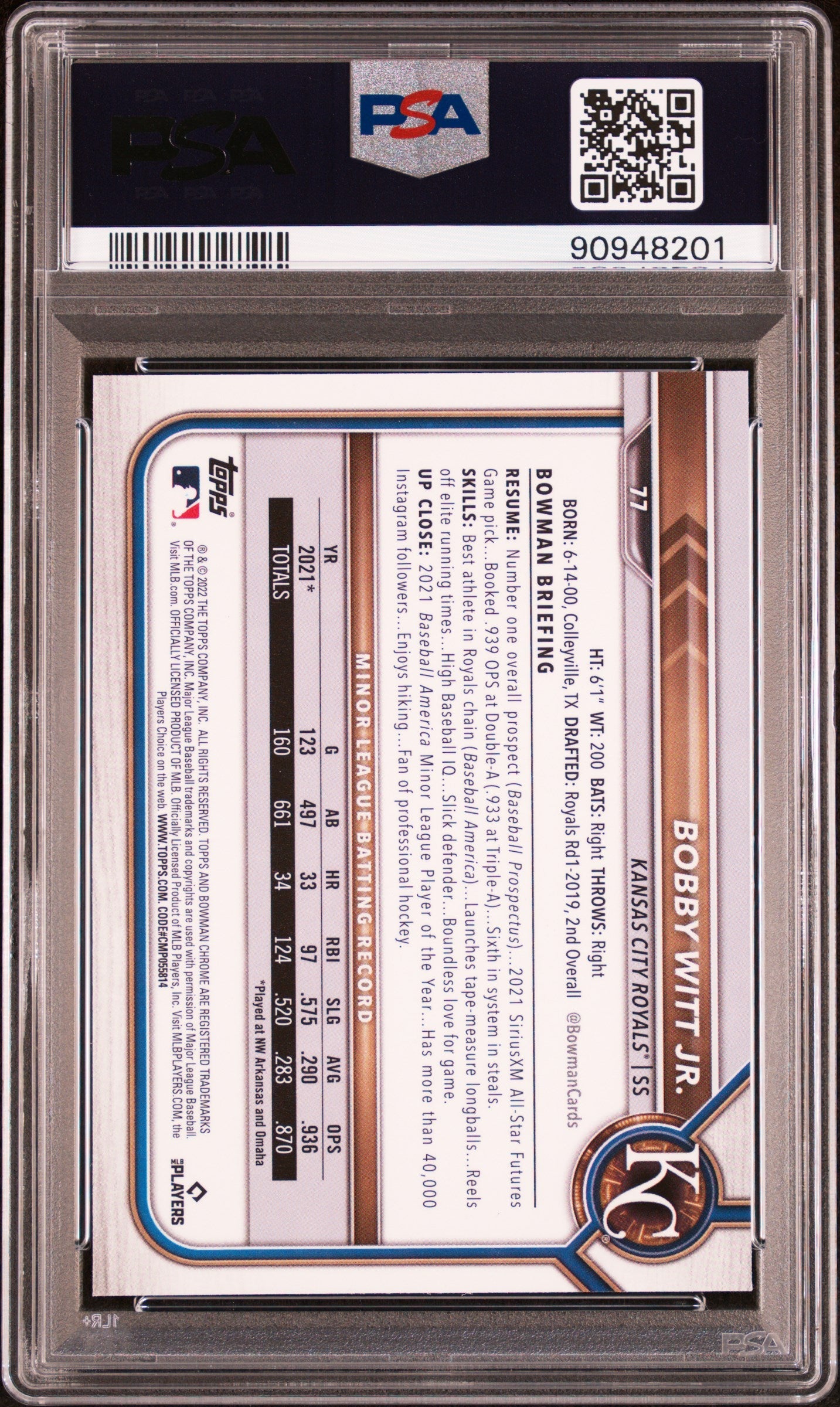 Graded 2022 Topps Bowman Chrome Bobby Witt Jr. #77 Rookie RC Baseball Card PSA 10 Gem Mint