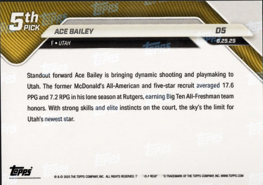 2025 Topps Now Ace Bailey #D5 Orange Foil /25 Utah Jazz Rookie RC Basketball Card