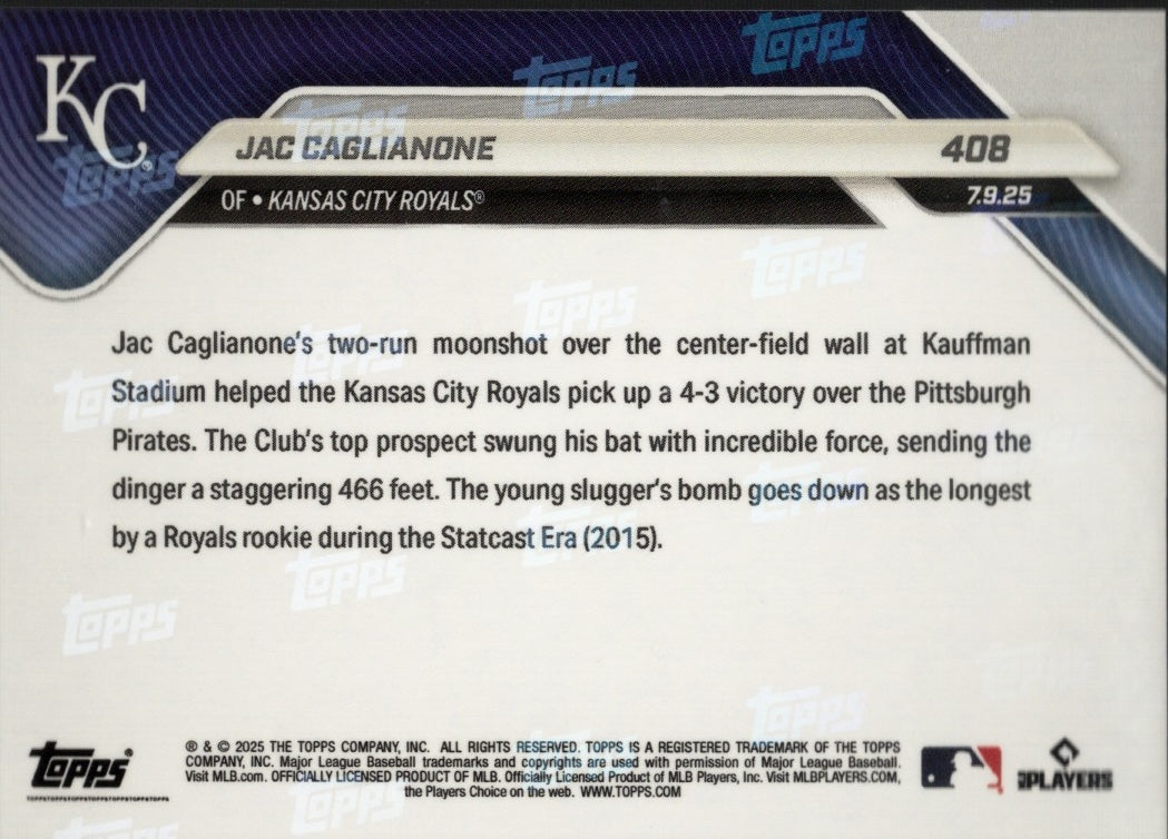 2025 Topps Now Jac Caglianone #408 Orange Foil /25 Kansas City Royals Rookie RC Baseball Card