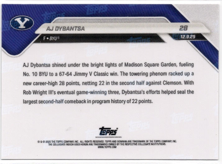2025 Topps Bowman U Now AJ Dybantsa #28 Gold Foil /50 BYU Cougars Rookie RC Basketball Card